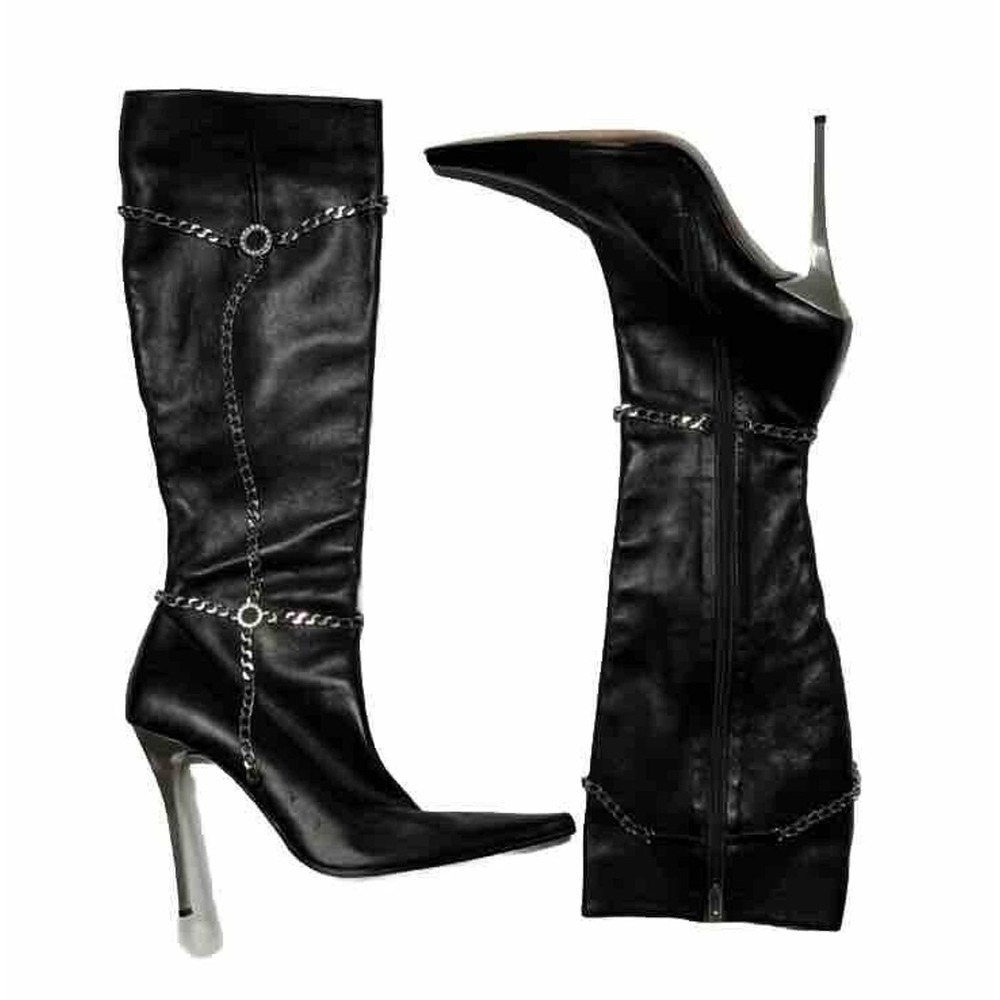 GIANMARCO LORENZI Leather Stiletto Heels Chain Knee Boots Pointed Toe Size 41